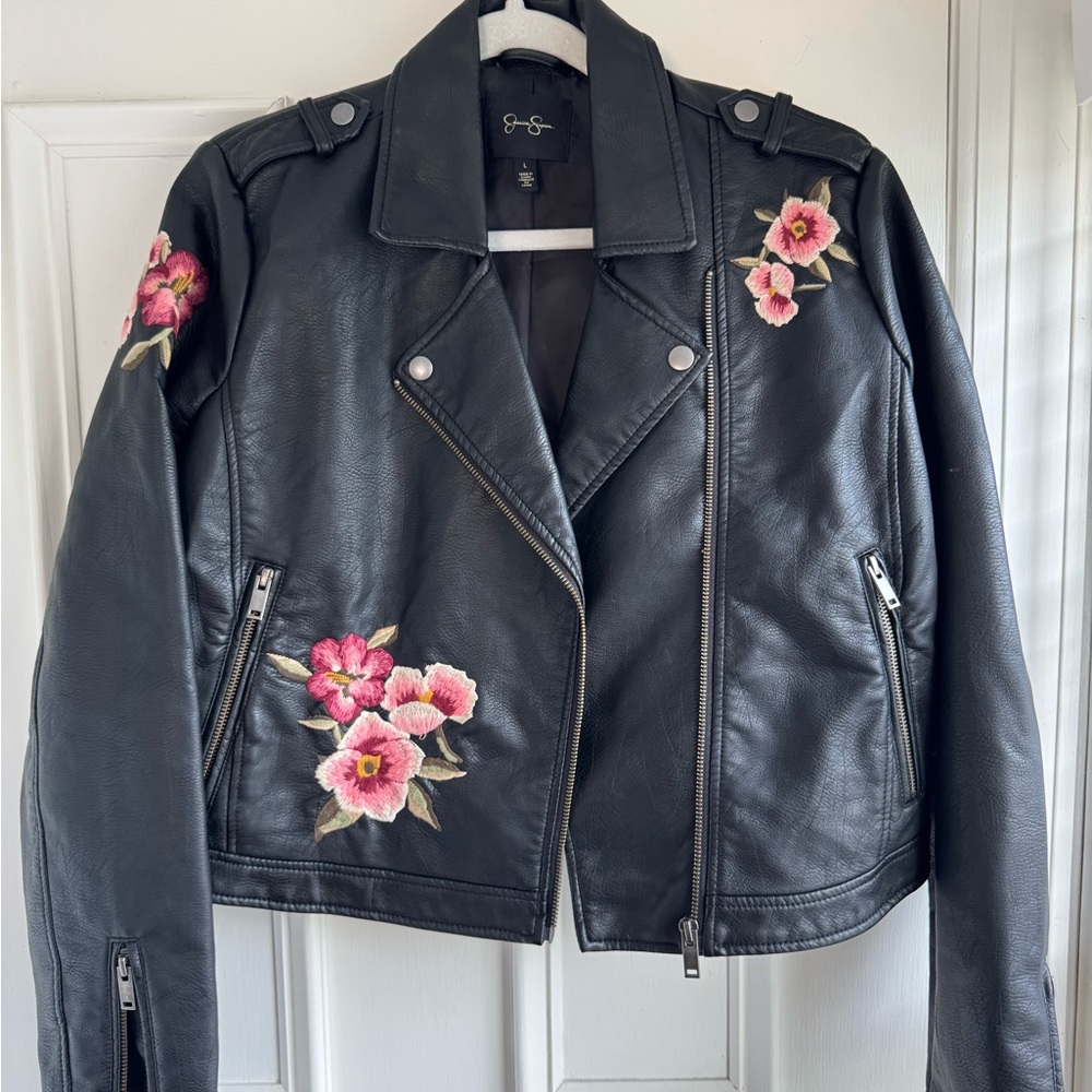 Jessica Simpson Black Leather Jacket with Pink Floral Embroidery